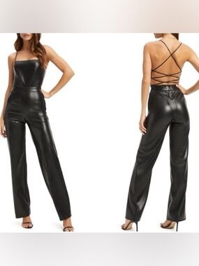 NWT Good American vacay faux vegan leather jumpsuit strappy back